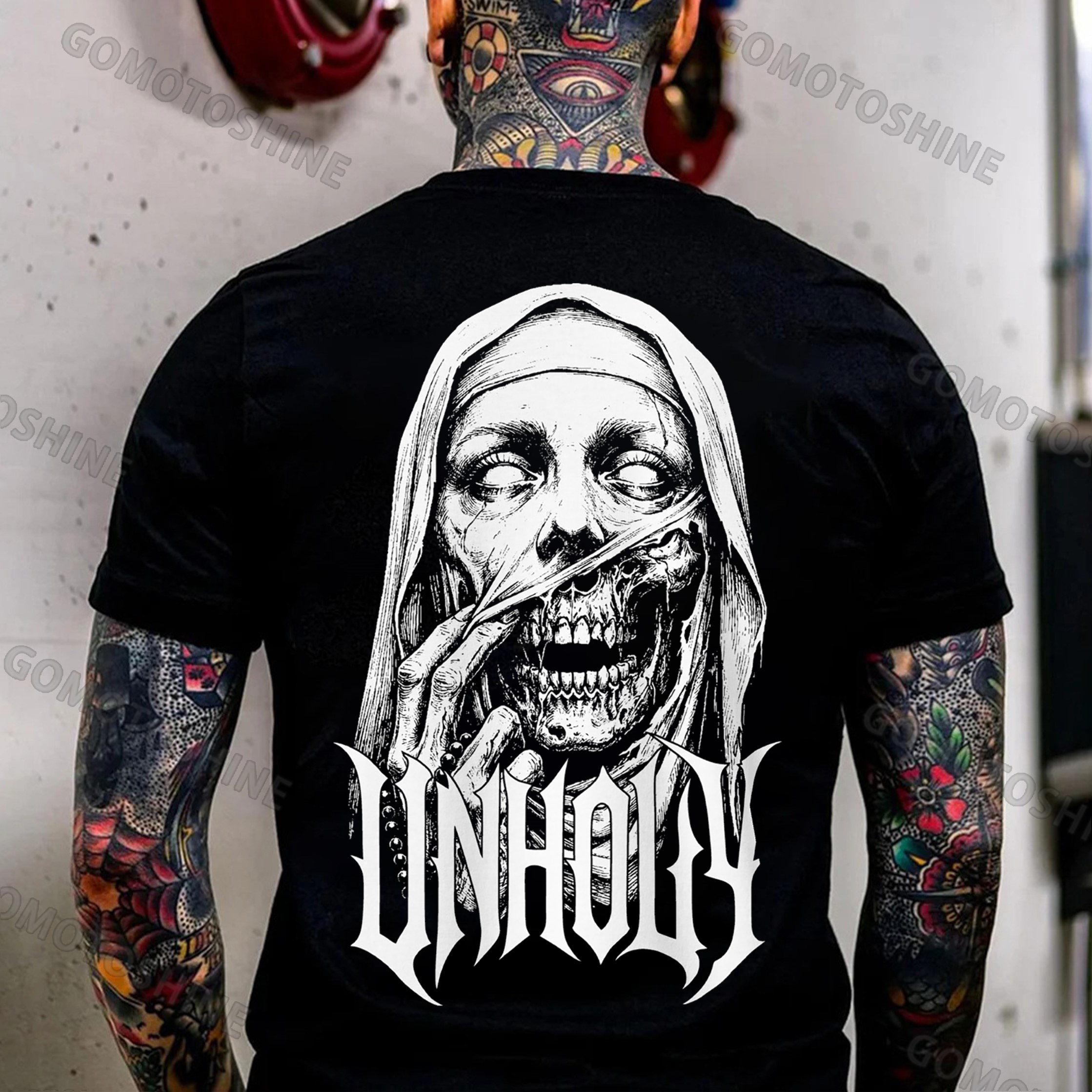 UNHOLY Skeleton Nun Tearing Open Its Face Print Men's T-shirt Image - 1