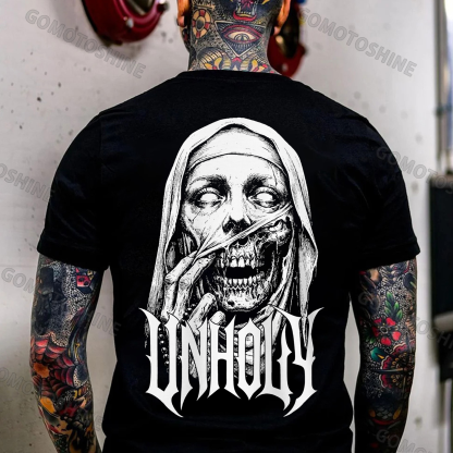 UNHOLY Skeleton Nun Tearing Open Its Face Print Men's T-shirt Image - 1