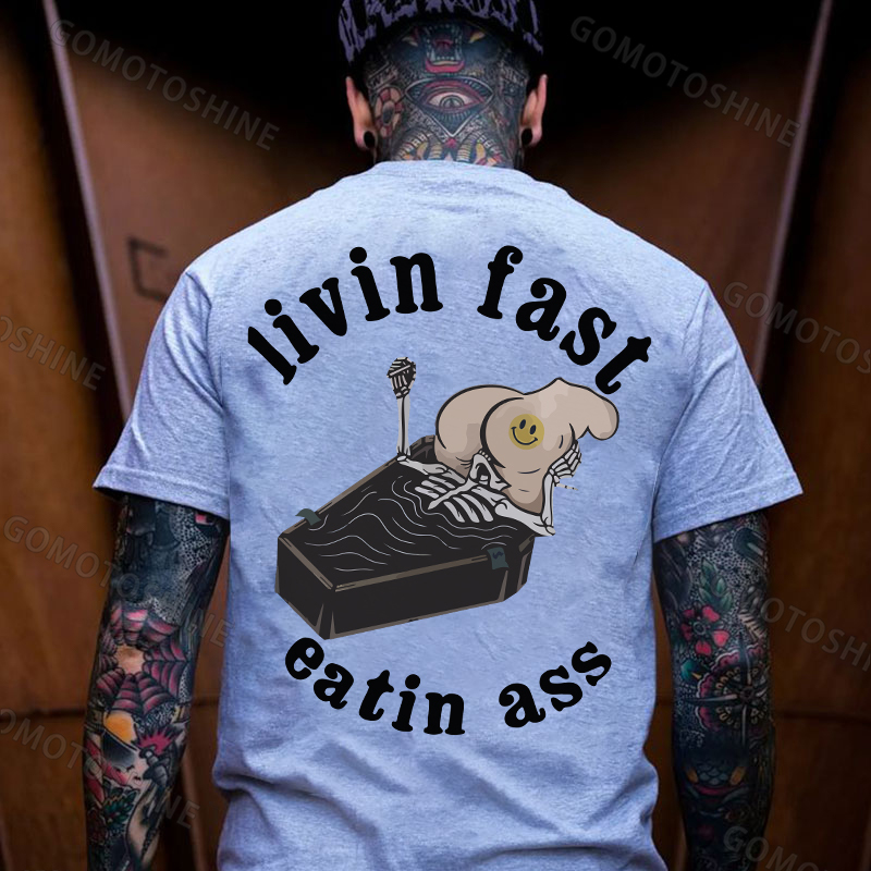 Living Fast Eating Butt Skeleton Suck Sexy Butt Print Men's T-shirt Image - 3