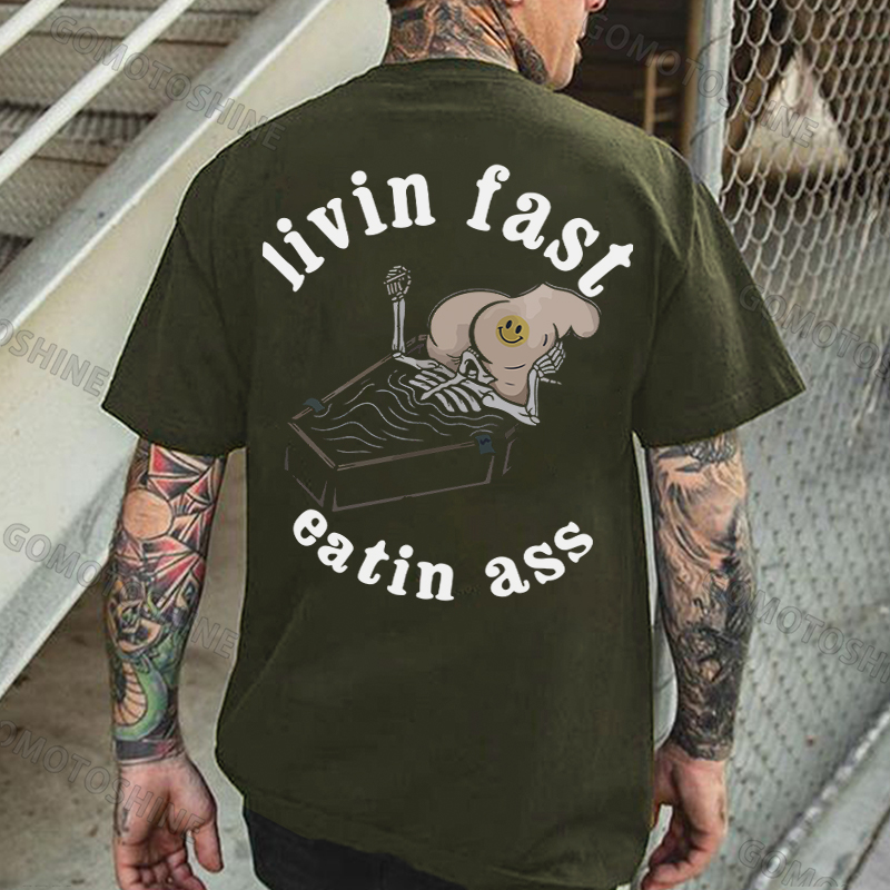 Living Fast Eating Butt Skeleton Suck Sexy Butt Print Men's T-shirt Image - 5