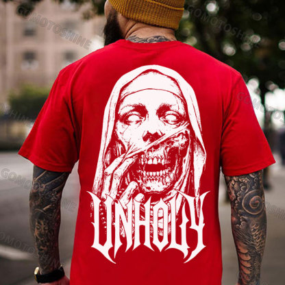 UNHOLY Skeleton Nun Tearing Open Its Face Print Men's T-shirt Image - 6