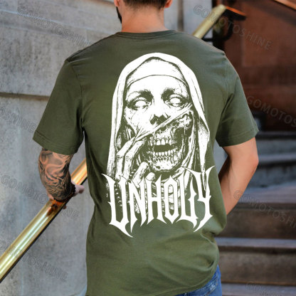 UNHOLY Skeleton Nun Tearing Open Its Face Print Men's T-shirt Image - 5
