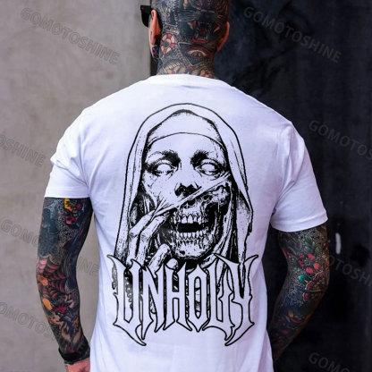 UNHOLY Skeleton Nun Tearing Open Its Face Print Men's T-shirt Image - 2