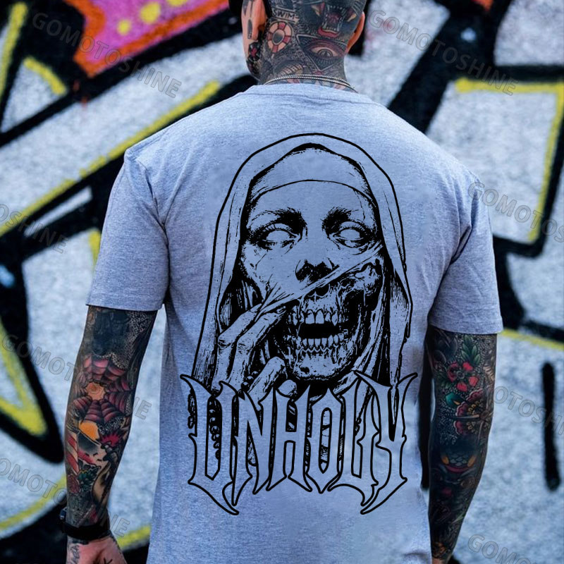 UNHOLY Skeleton Nun Tearing Open Its Face Print Men's T-shirt Image - 3