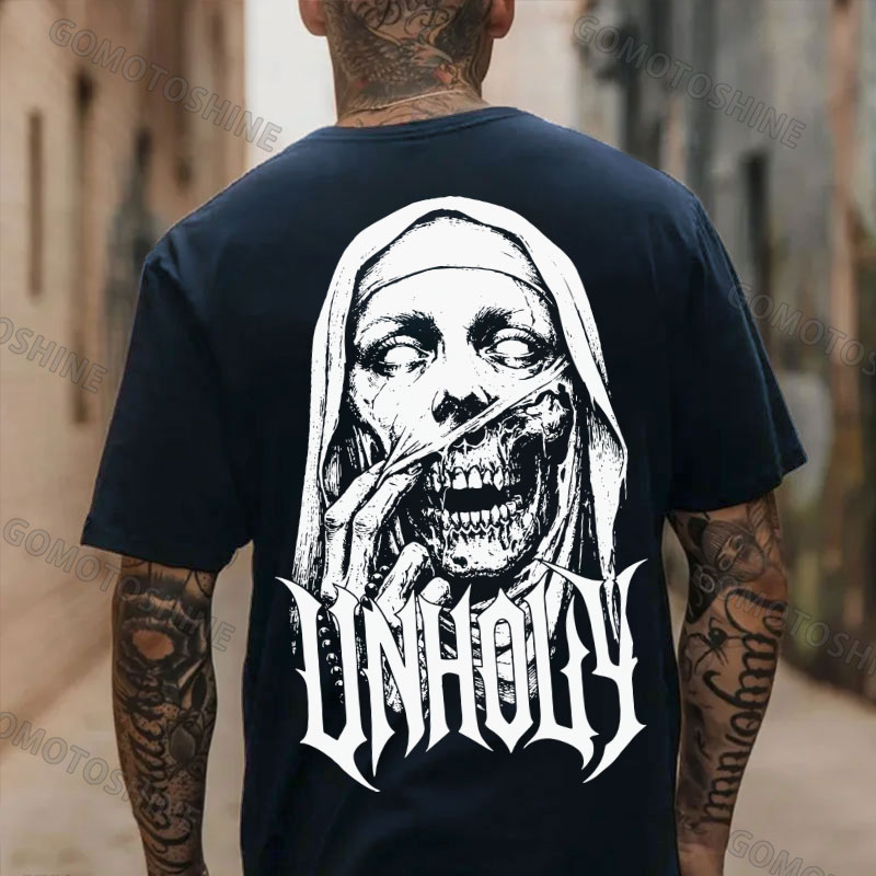 UNHOLY Skeleton Nun Tearing Open Its Face Print Men's T-shirt Image - 4