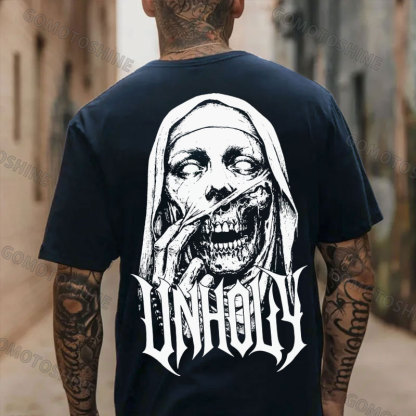 UNHOLY Skeleton Nun Tearing Open Its Face Print Men's T-shirt Image - 4