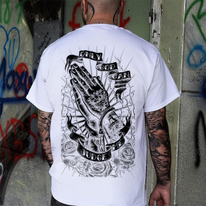 ONLY GOD CAN JUDGE ME Praying Gesture Retro Rose Thorn Print Men's T-shirt Image - 2