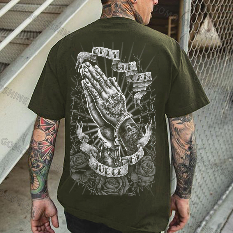 ONLY GOD CAN JUDGE ME Praying Gesture Retro Rose Thorn Print Men's T-shirt Image - 5