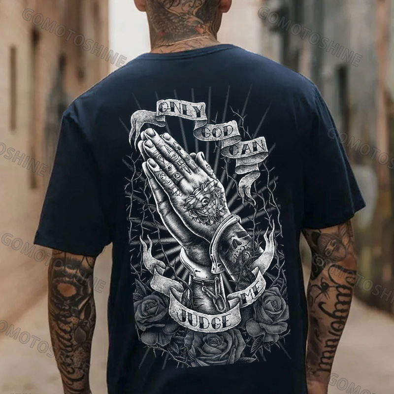 ONLY GOD CAN JUDGE ME Praying Gesture Retro Rose Thorn Print Men's T-shirt Image - 4