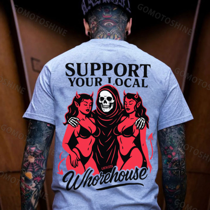 SUPPORT YOUR LOCAL Whorehouse Skeleton And Sexy Devil Lady Print Men's T-shirt Image - 3