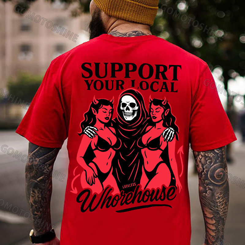 SUPPORT YOUR LOCAL Whorehouse Skeleton And Sexy Devil Lady Print Men's T-shirt Image - 6