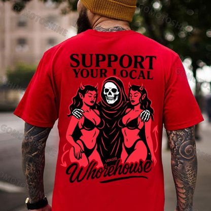 SUPPORT YOUR LOCAL Whorehouse Skeleton And Sexy Devil Lady Print Men's T-shirt Image - 6