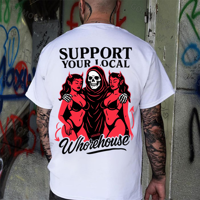 SUPPORT YOUR LOCAL Whorehouse Skeleton And Sexy Devil Lady Print Men's T-shirt Image - 2