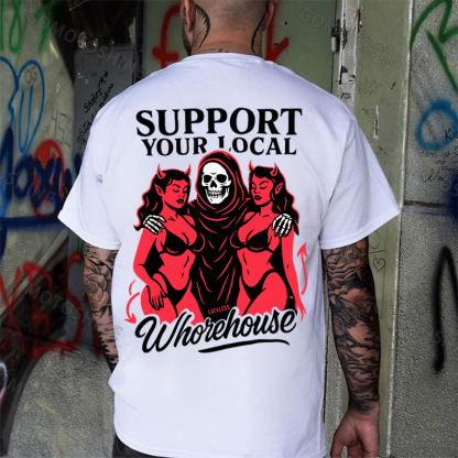 SUPPORT YOUR LOCAL Whorehouse Skeleton And Sexy Devil Lady Print Men's T-shirt Image - 2
