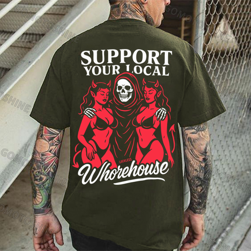 SUPPORT YOUR LOCAL Whorehouse Skeleton And Sexy Devil Lady Print Men's T-shirt Image - 5