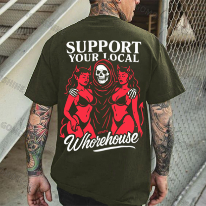 SUPPORT YOUR LOCAL Whorehouse Skeleton And Sexy Devil Lady Print Men's T-shirt Image - 5
