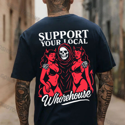 SUPPORT YOUR LOCAL Whorehouse Skeleton And Sexy Devil Lady Print Men's T-shirt Image - 4
