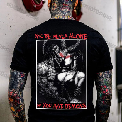 YOU'RE NEVER ALONE IF YOU HAVE DEMONS Skeleton Devil And Sexy Woman Print Men's T-shirt Image - 1