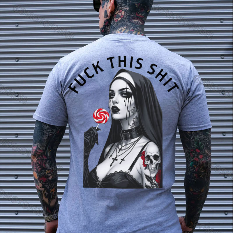 FUCK THIS SHIT Sexy Tattooed Nun Print Men's T-shirt Image - 3