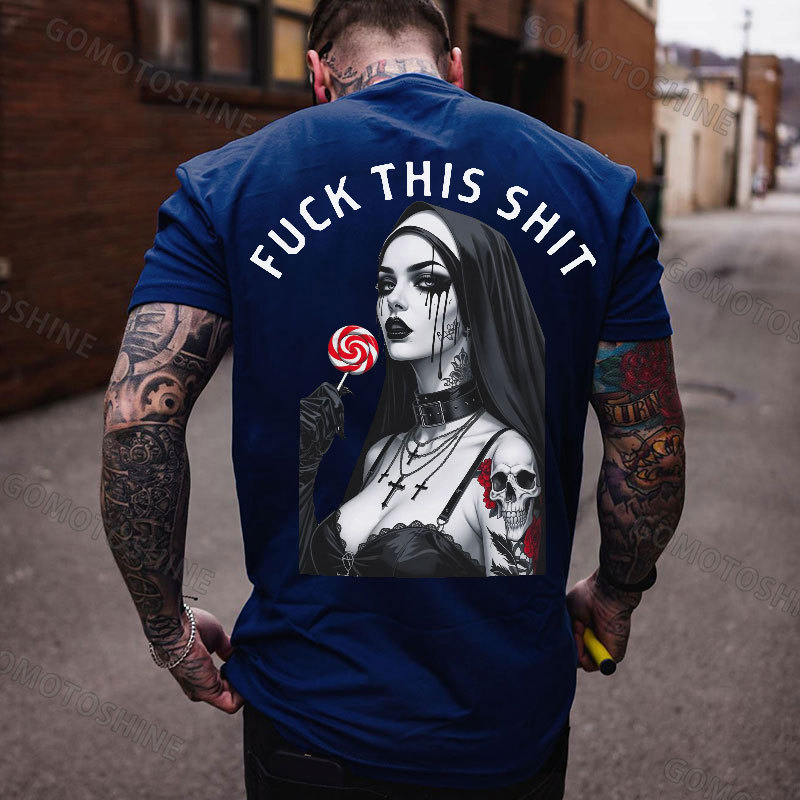FUCK THIS SHIT Sexy Tattooed Nun Print Men's T-shirt Image - 4