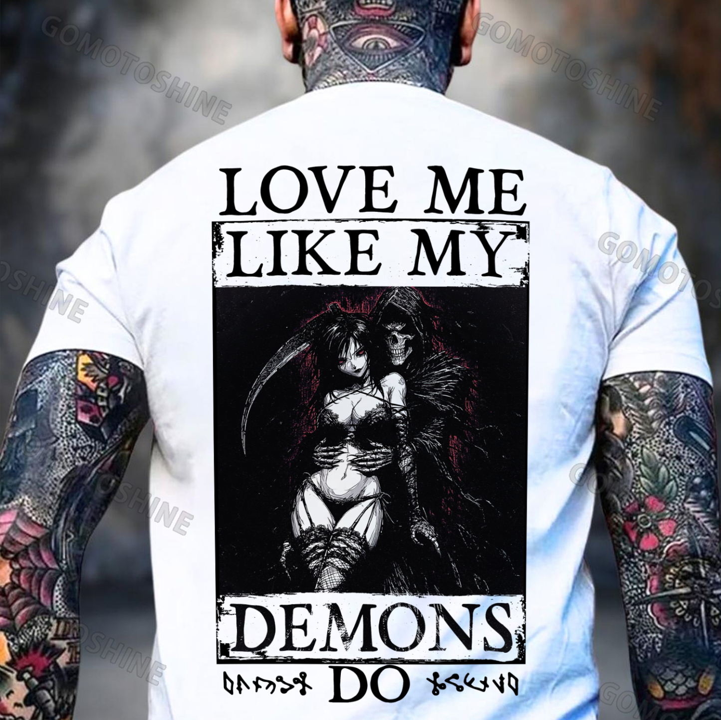 LOVE ME LIKE MY DEMONS DO Skeleton Reaper Evil Girl Print Men's T-shirt Image - 3