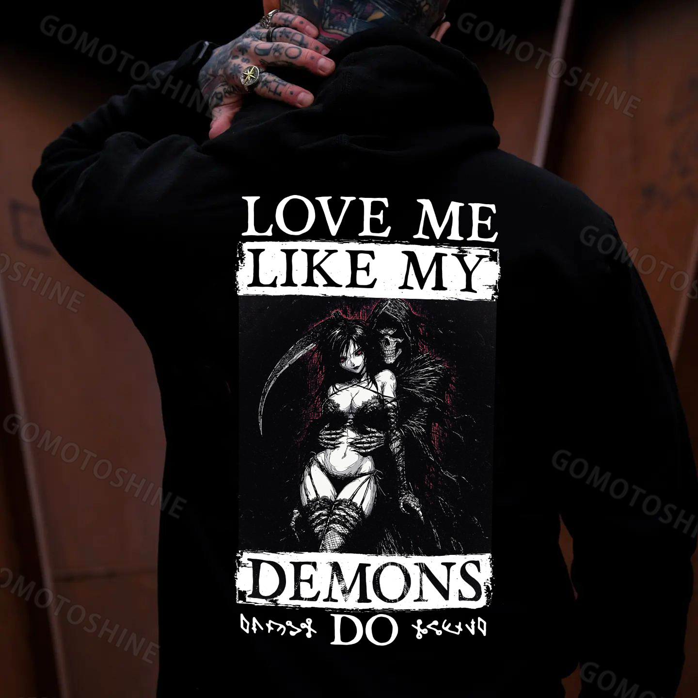 LOVE ME LIKE MY DEMONS DO Skeleton Reaper Evil Girl Print Men's Hoodie