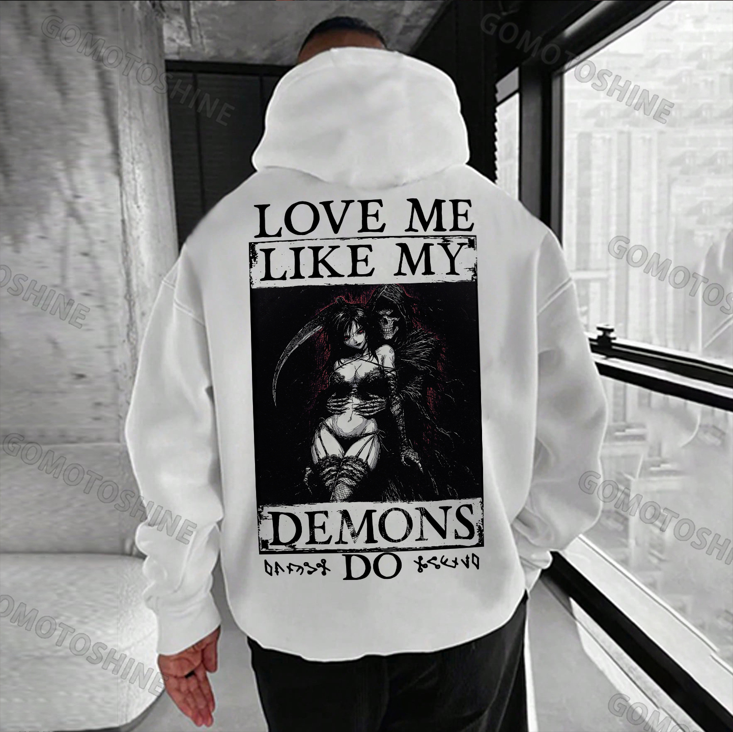 LOVE ME LIKE MY DEMONS DO Skeleton Reaper Evil Girl Print Men's Hoodie
