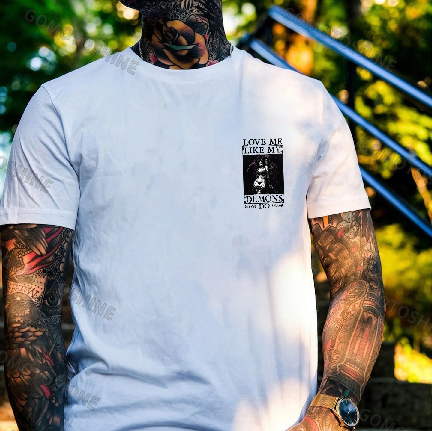 LOVE ME LIKE MY DEMONS DO Skeleton Reaper Evil Girl Print Men's T-shirt Image - 8