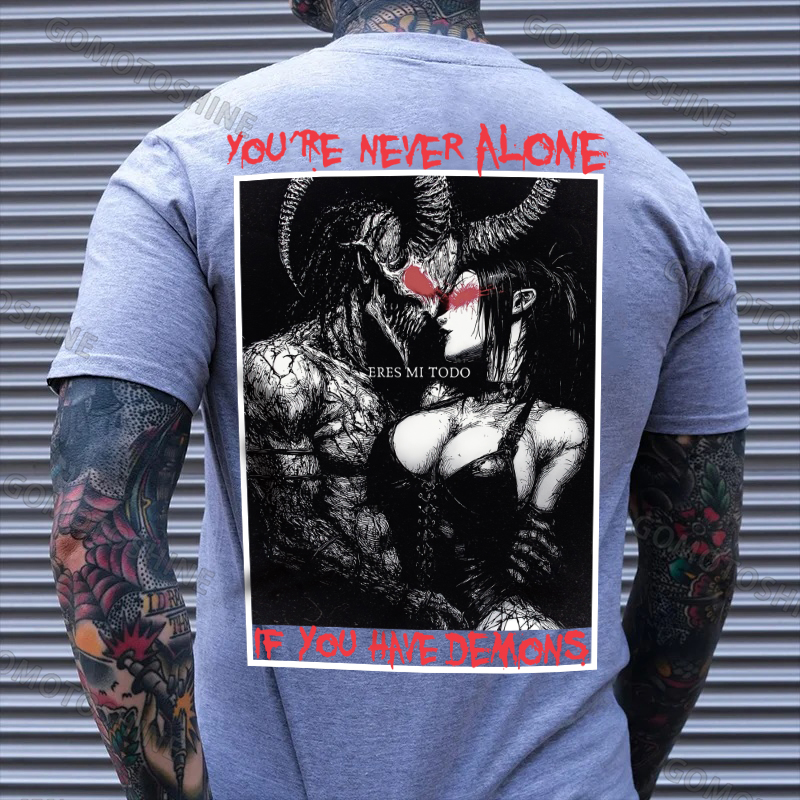 YOU'RE NEVER ALONE IF YOU HAVE DEMONS Skeleton Devil And Sexy Woman Print Men's T-shirt Image - 3