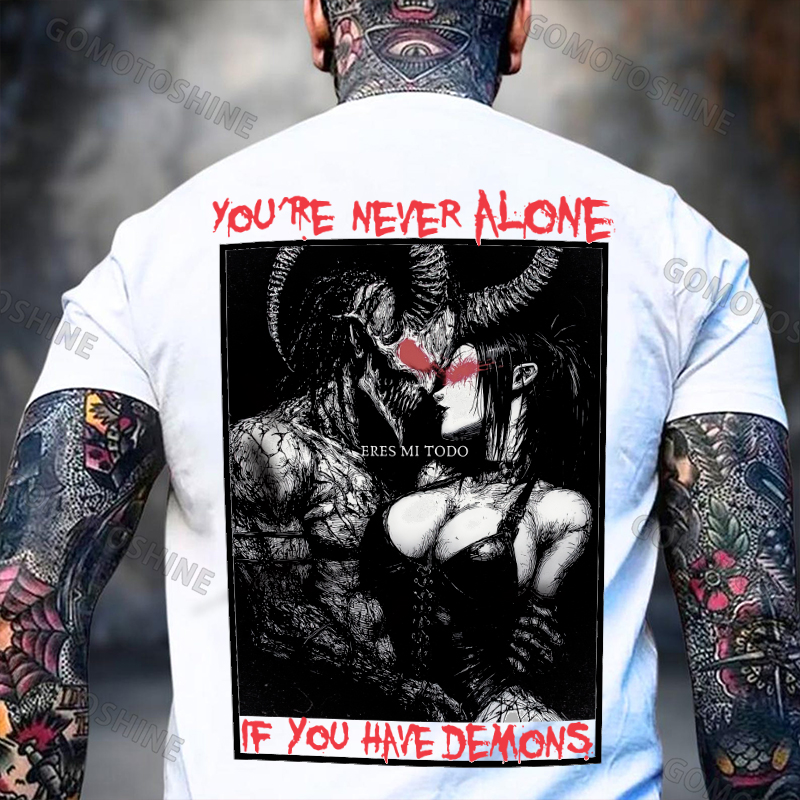 YOU'RE NEVER ALONE IF YOU HAVE DEMONS Skeleton Devil And Sexy Woman Print Men's T-shirt Image - 2