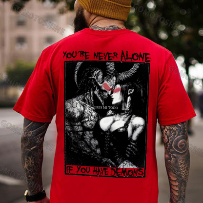 YOU'RE NEVER ALONE IF YOU HAVE DEMONS Skeleton Devil And Sexy Woman Print Men's T-shirt Image - 6