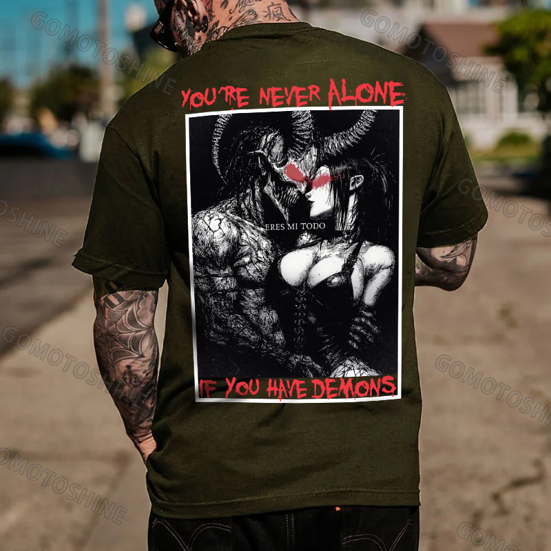 YOU'RE NEVER ALONE IF YOU HAVE DEMONS Skeleton Devil And Sexy Woman Print Men's T-shirt Image - 5