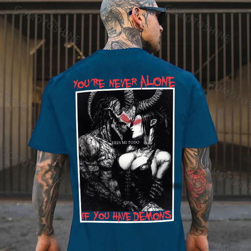 YOU'RE NEVER ALONE IF YOU HAVE DEMONS Skeleton Devil And Sexy Woman Print Men's T-shirt Image - 4