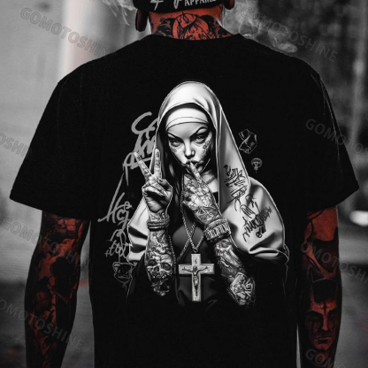 Graffiti Letters Tattooed Punk Nun Print Men's T-shirt Image - 1