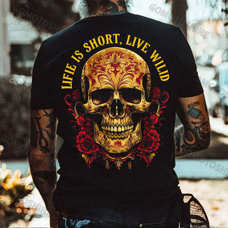 LIFE IS SHORT LIVE WILD Floral Pattern Skull Retro Print Men's T-shirt Image - 1