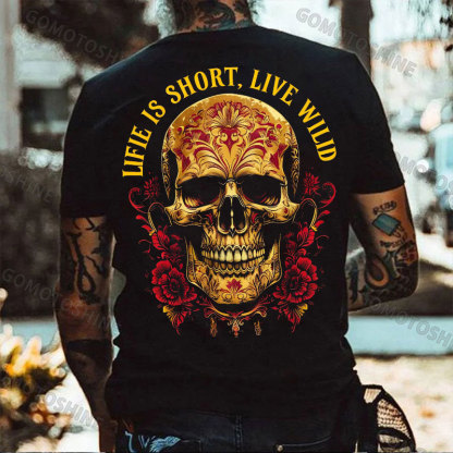 LIFE IS SHORT LIVE WILD Floral Pattern Skull Retro Print Men's T-shirt Image - 1