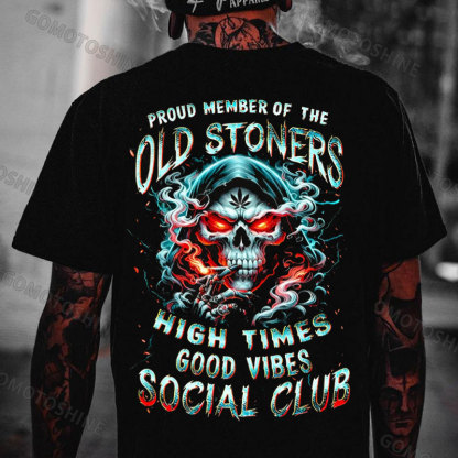 PROUD MEMBER OF THE OLD STONERS HIGH TIMES GOOD VIBES SOCIAL CLUB Smoking Skeleton Print Men's T-shirt Image - 1