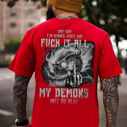 ONE DAY I’M GONNA JUST SAY FUCK IT ALL Burning Devil Skeleton Print Men's T-shirt Image - 6