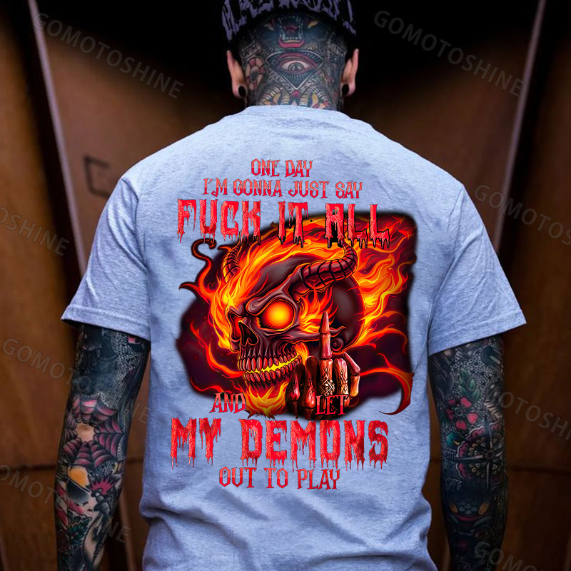 ONE DAY I’M GONNA JUST SAY FUCK IT ALL Burning Devil Skeleton Print Men's T-shirt Image - 3