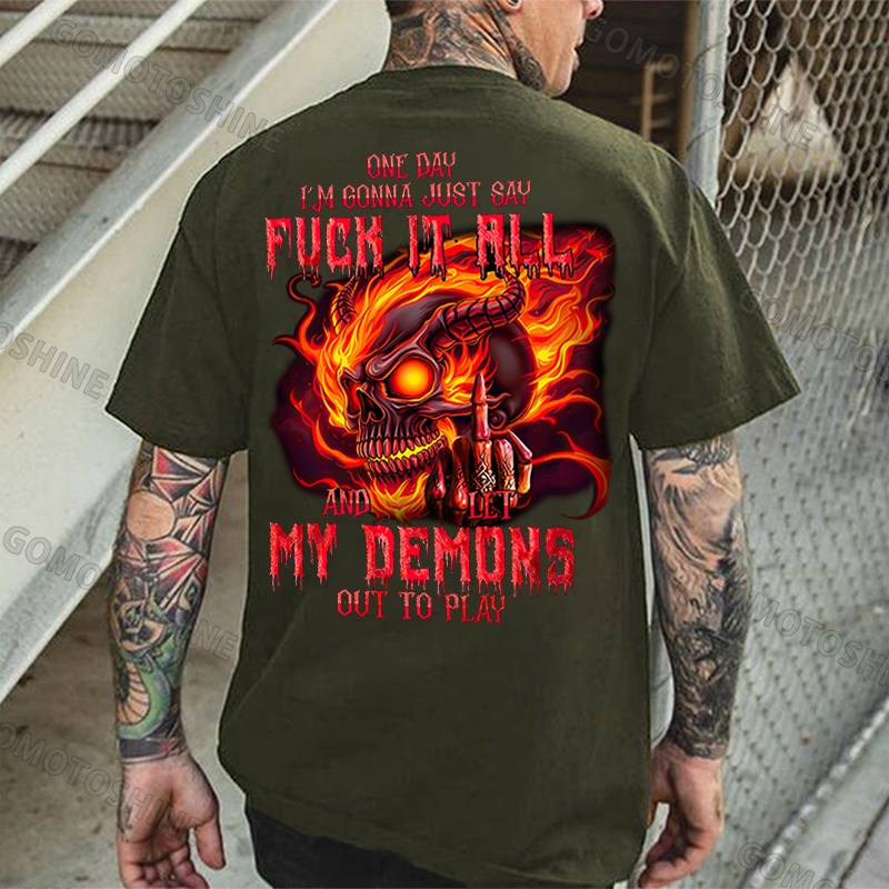 ONE DAY I’M GONNA JUST SAY FUCK IT ALL Burning Devil Skeleton Print Men's T-shirt Image - 5