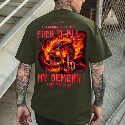 ONE DAY I’M GONNA JUST SAY FUCK IT ALL Burning Devil Skeleton Print Men's T-shirt Image - 5