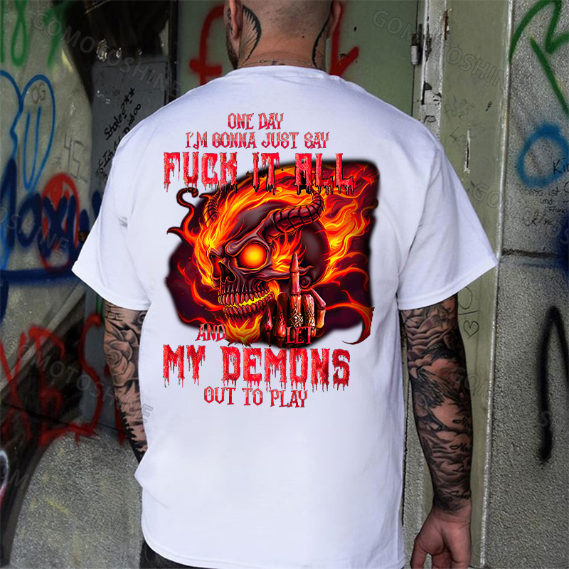 ONE DAY I’M GONNA JUST SAY FUCK IT ALL Burning Devil Skeleton Print Men's T-shirt Image - 2
