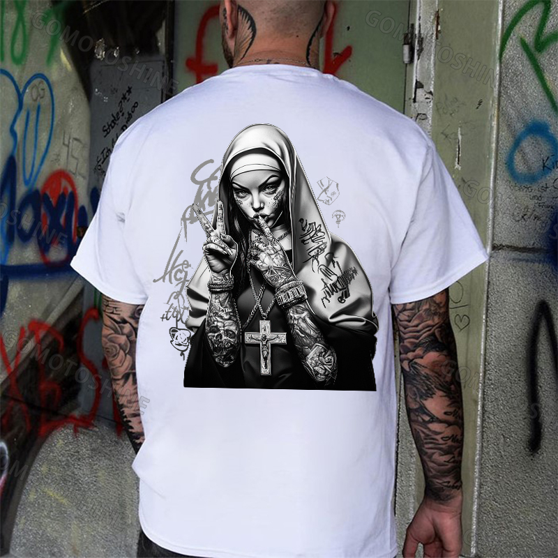 Graffiti Letters Tattooed Punk Nun Print Men's T-shirt Image - 2