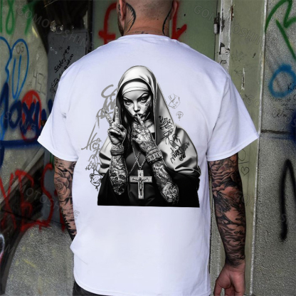 Graffiti Letters Tattooed Punk Nun Print Men's T-shirt Image - 2