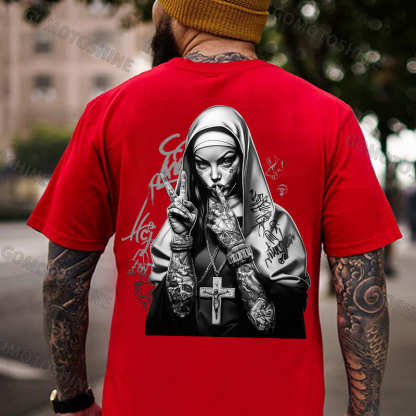 Graffiti Letters Tattooed Punk Nun Print Men's T-shirt Image - 6