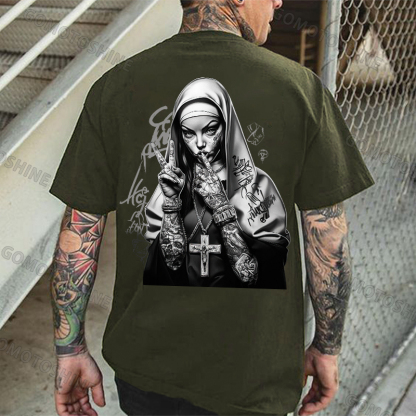 Graffiti Letters Tattooed Punk Nun Print Men's T-shirt Image - 5