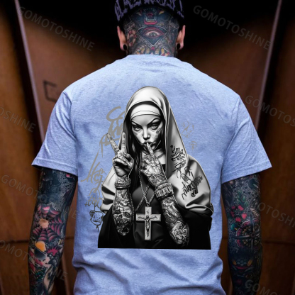 Graffiti Letters Tattooed Punk Nun Print Men's T-shirt Image - 3