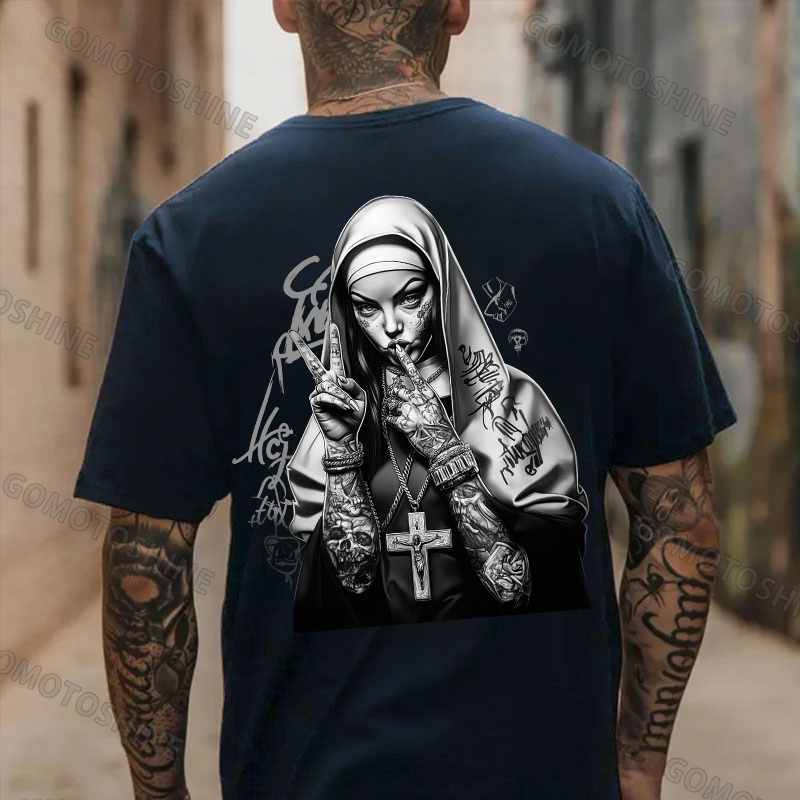 Graffiti Letters Tattooed Punk Nun Print Men's T-shirt Image - 4