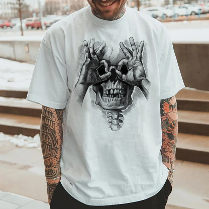 Skull with OK Pattern Graphic Casual Black Print T-shirt Image - 2
