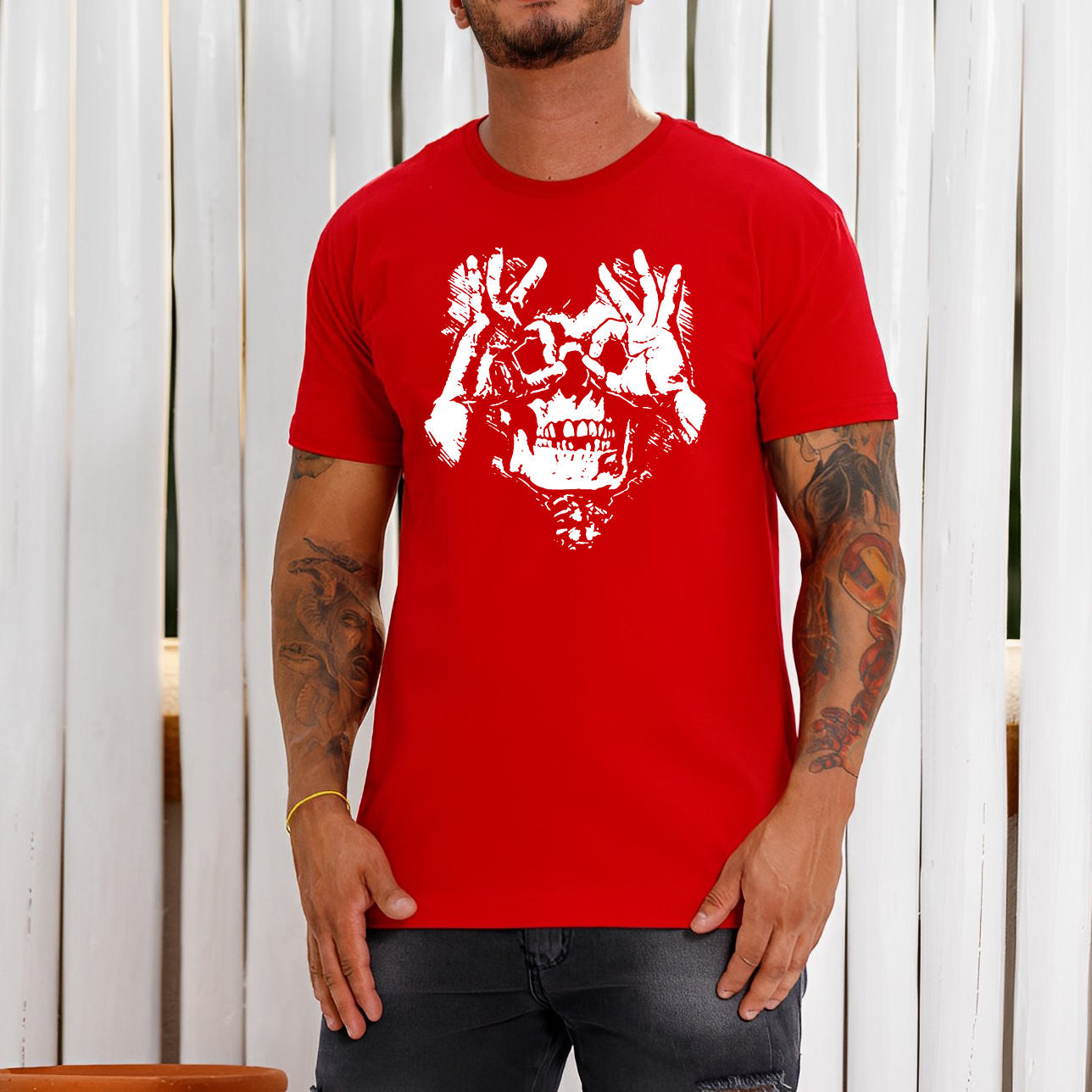 Skull with OK Pattern Graphic Casual Black Print T-shirt Image - 3